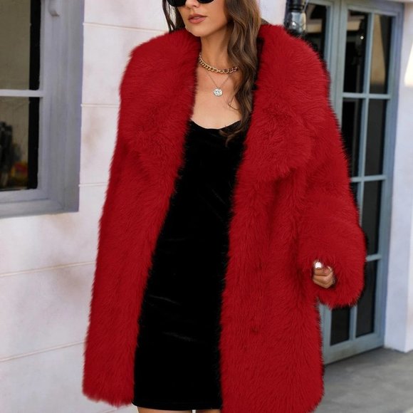Lapel Neck Slant Pockets Faux fur Coat Red - Picture 4 of 7